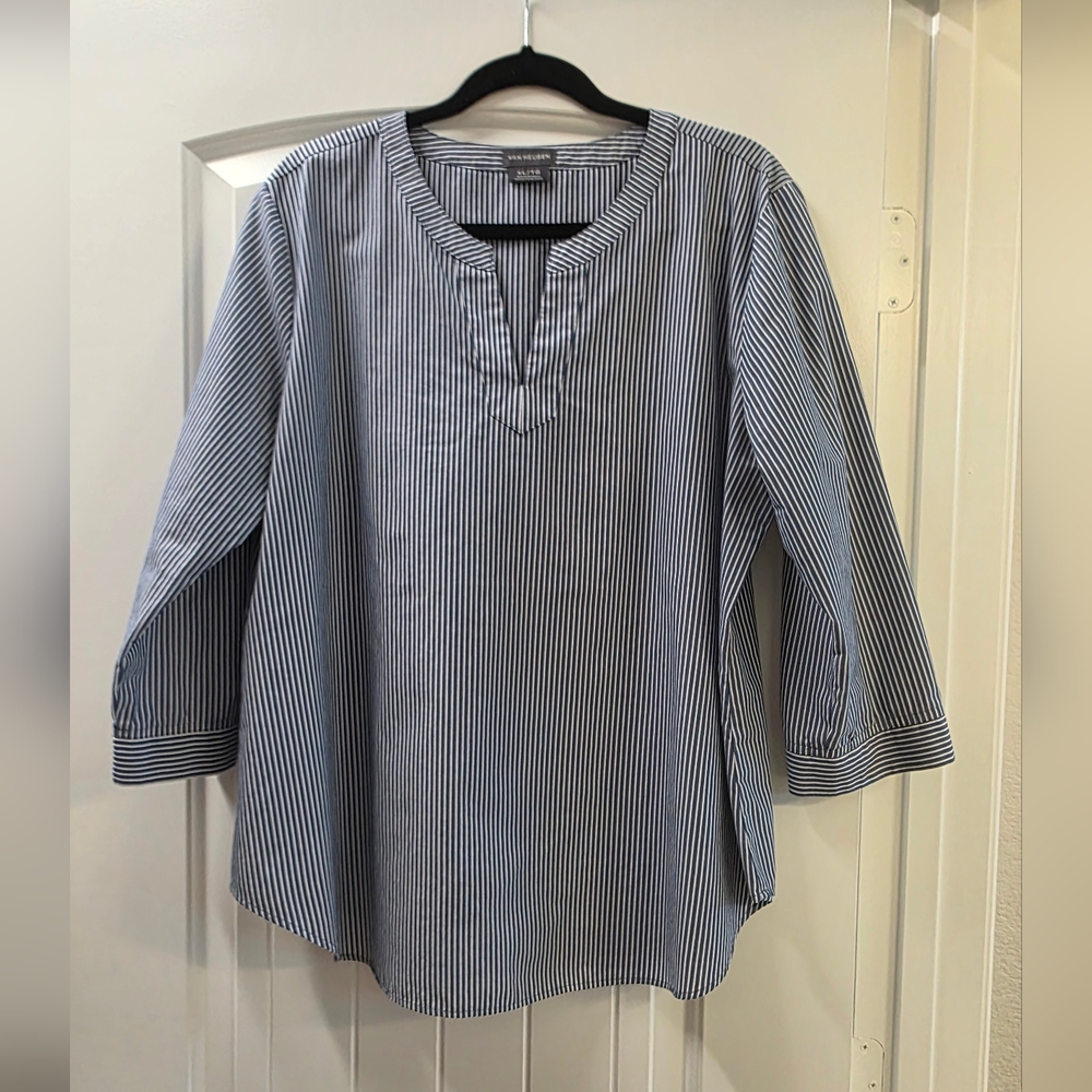 Van Heusen - Blue And White Stripe - V Neck Tunic - 3/4 Sleeve - XL
